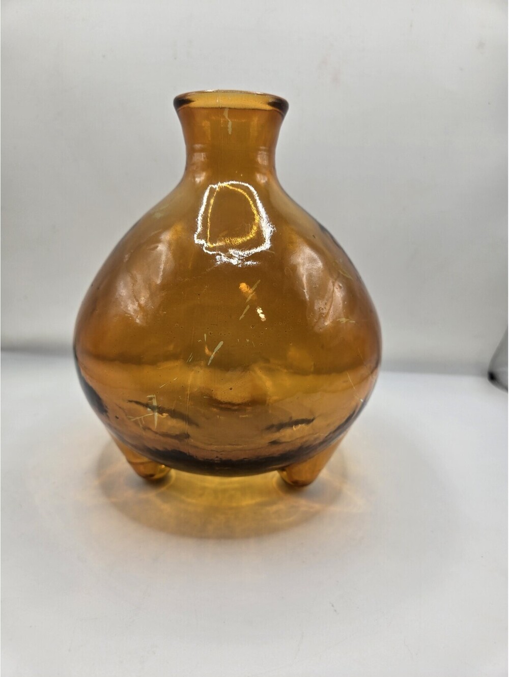 Vintage Amber Glass Bulbous Vase Hand Blown 3 Footed Tripod Base Pontil Art